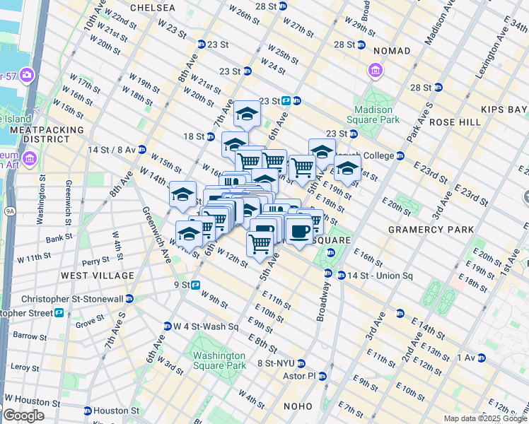 map of restaurants, bars, coffee shops, grocery stores, and more near 31 West 14th Street in New York
