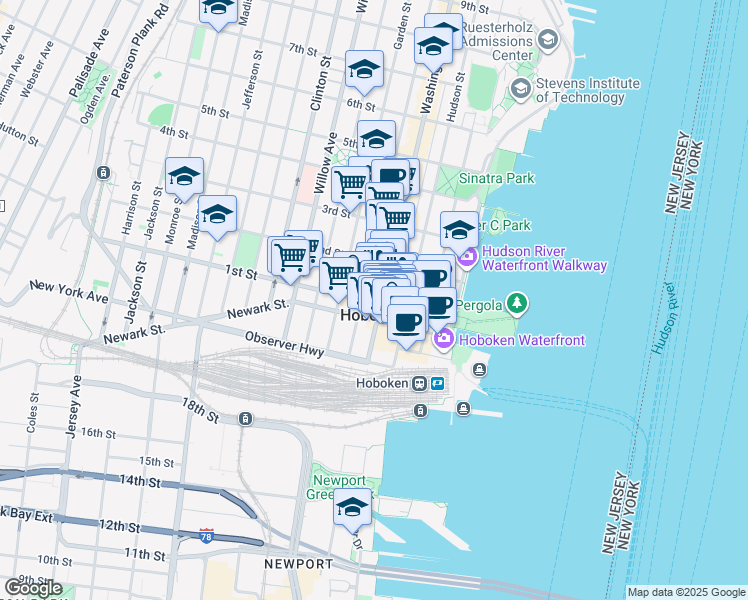 map of restaurants, bars, coffee shops, grocery stores, and more near 61 Washington Street in Hoboken