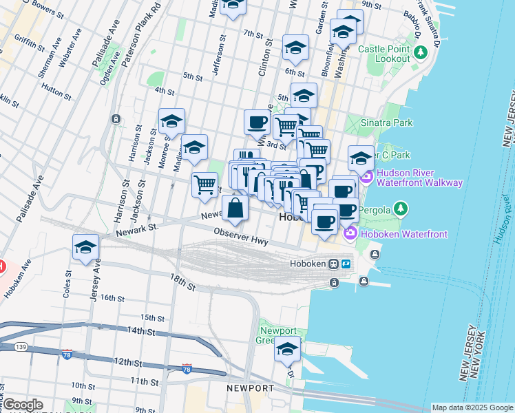 map of restaurants, bars, coffee shops, grocery stores, and more near 72 Park Avenue in Hoboken