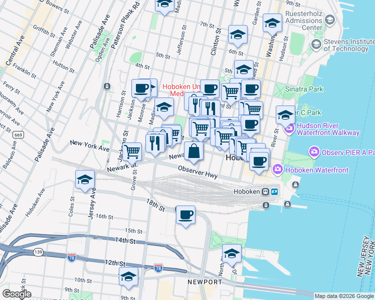 map of restaurants, bars, coffee shops, grocery stores, and more near in Hoboken