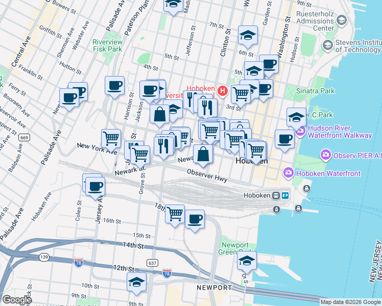 map of restaurants, bars, coffee shops, grocery stores, and more near 415 Newark Street in Hoboken
