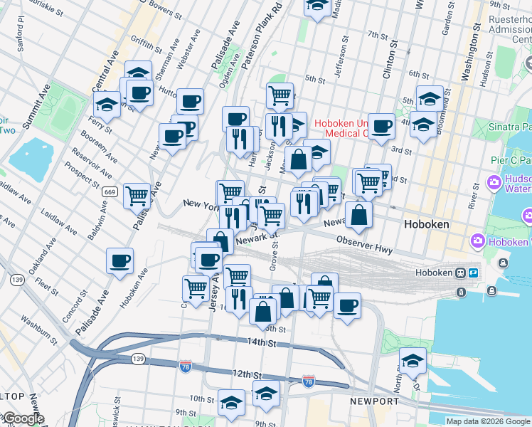 map of restaurants, bars, coffee shops, grocery stores, and more near 610 Newark Street in Hoboken