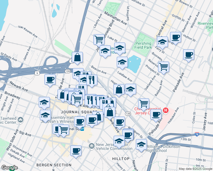 map of restaurants, bars, coffee shops, grocery stores, and more near 639 Summit Avenue in Jersey City