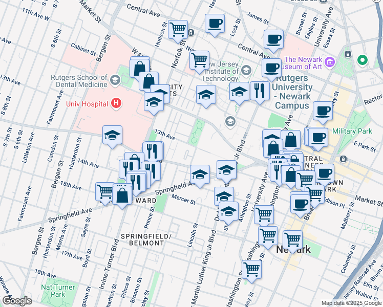 map of restaurants, bars, coffee shops, grocery stores, and more near 73 Howard Street in Newark