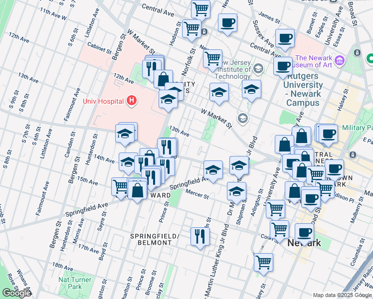 map of restaurants, bars, coffee shops, grocery stores, and more near 59 South Orange Avenue in Newark