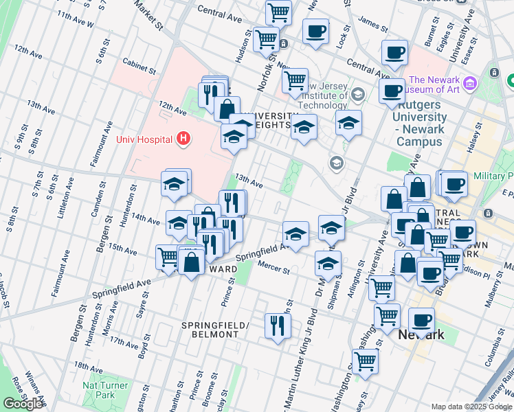 map of restaurants, bars, coffee shops, grocery stores, and more near 59 South Orange Avenue in Newark
