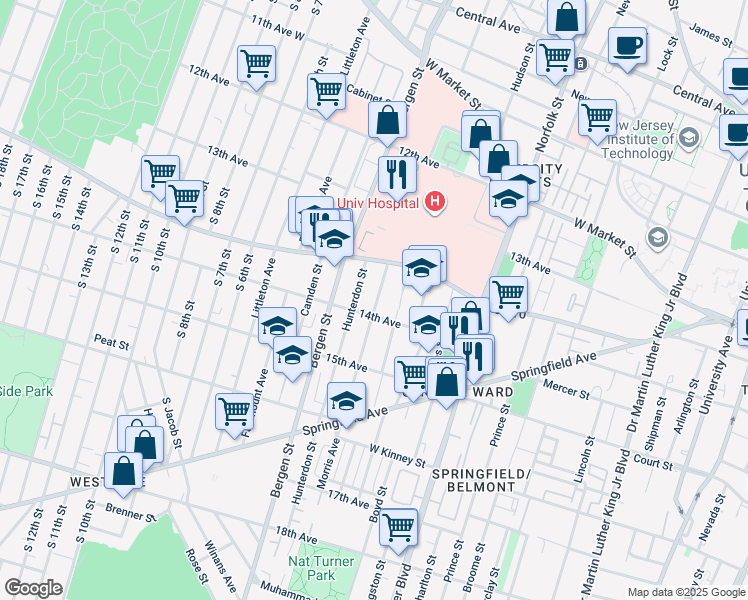 map of restaurants, bars, coffee shops, grocery stores, and more near 55 14th Avenue in Newark