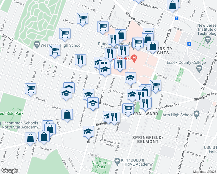 map of restaurants, bars, coffee shops, grocery stores, and more near 225 Hunterdon Street in Newark