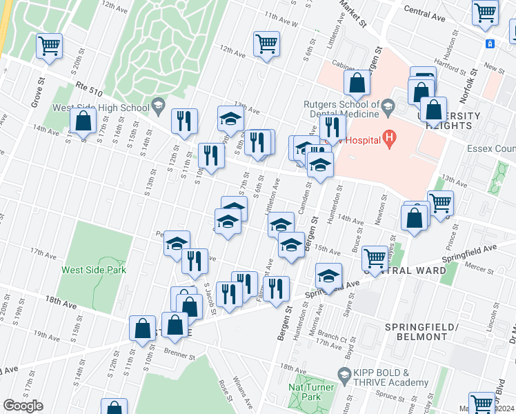 map of restaurants, bars, coffee shops, grocery stores, and more near in Newark
