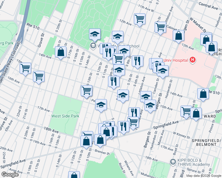 map of restaurants, bars, coffee shops, grocery stores, and more near 467 15th Avenue in Newark