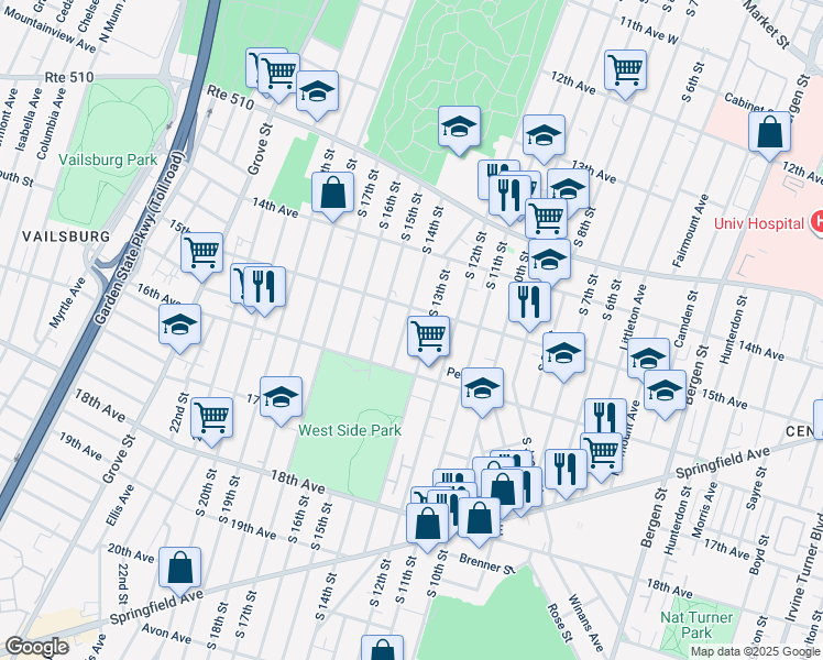 map of restaurants, bars, coffee shops, grocery stores, and more near 493 South 13th Street in Newark