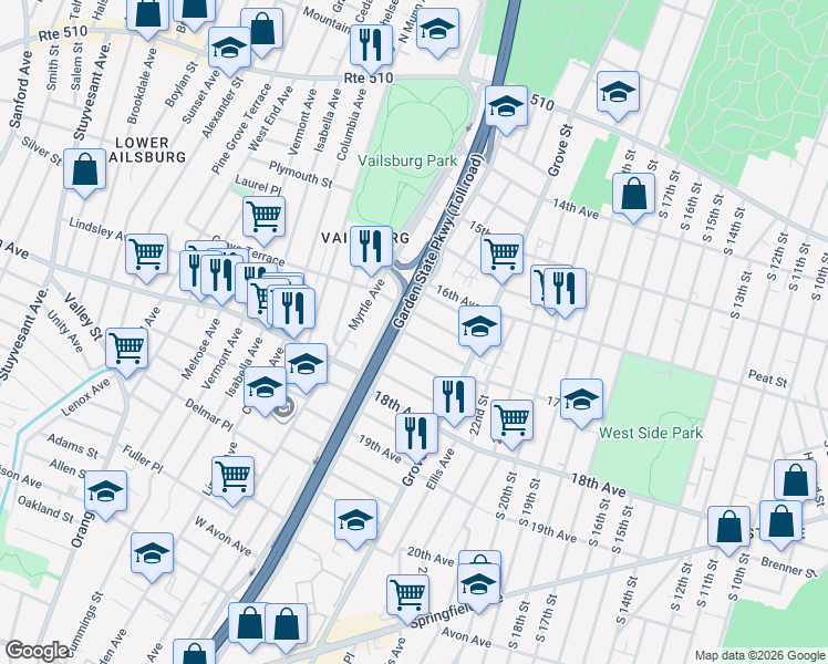 map of restaurants, bars, coffee shops, grocery stores, and more near 48 Tichenor Terrace in Irvington