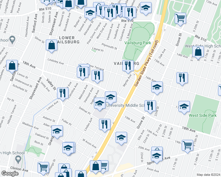 map of restaurants, bars, coffee shops, grocery stores, and more near 829 18th Avenue in Irvington