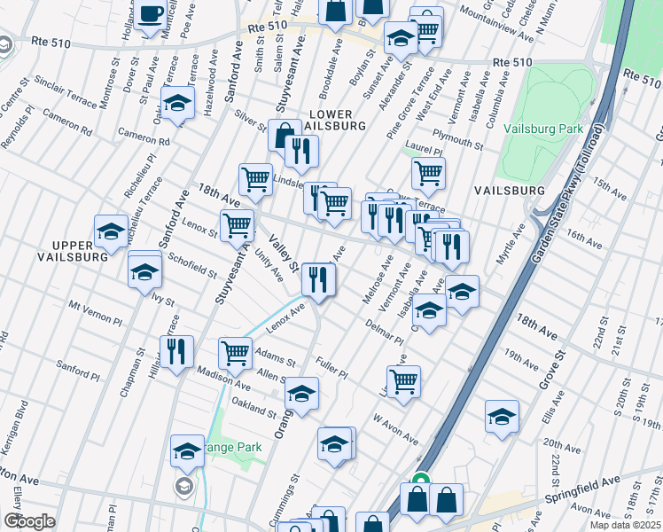 map of restaurants, bars, coffee shops, grocery stores, and more near 264 West End Avenue in Newark