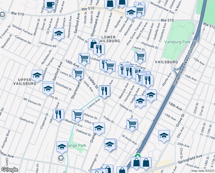 map of restaurants, bars, coffee shops, grocery stores, and more near 264 West End Avenue in Newark