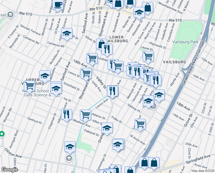 map of restaurants, bars, coffee shops, grocery stores, and more near 16 Valley Street in Newark