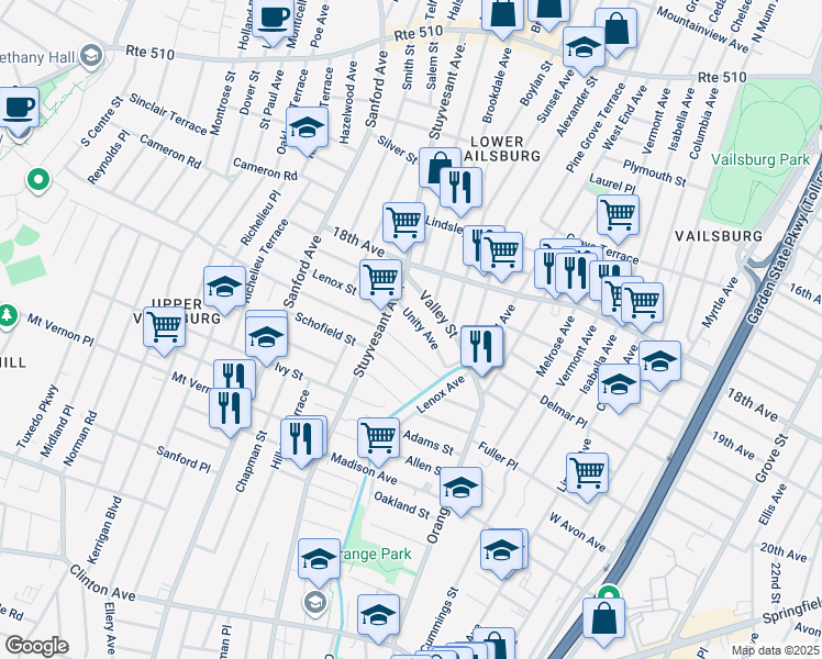 map of restaurants, bars, coffee shops, grocery stores, and more near 29-31 Underwood Street in Newark