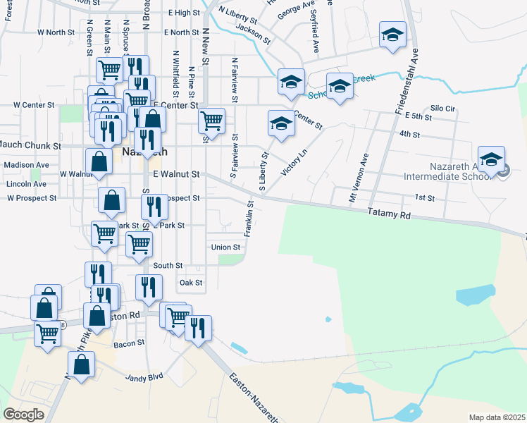 map of restaurants, bars, coffee shops, grocery stores, and more near 229 Franklin Street in Nazareth