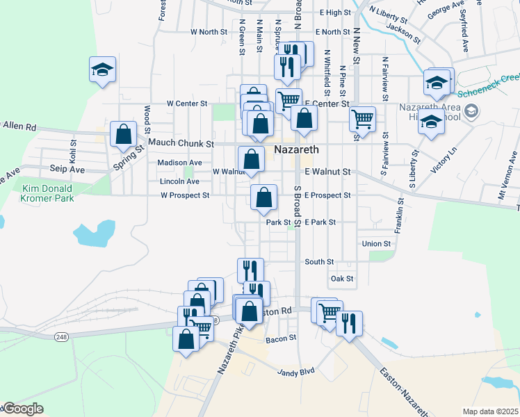 map of restaurants, bars, coffee shops, grocery stores, and more near 300 South Main Street in Nazareth