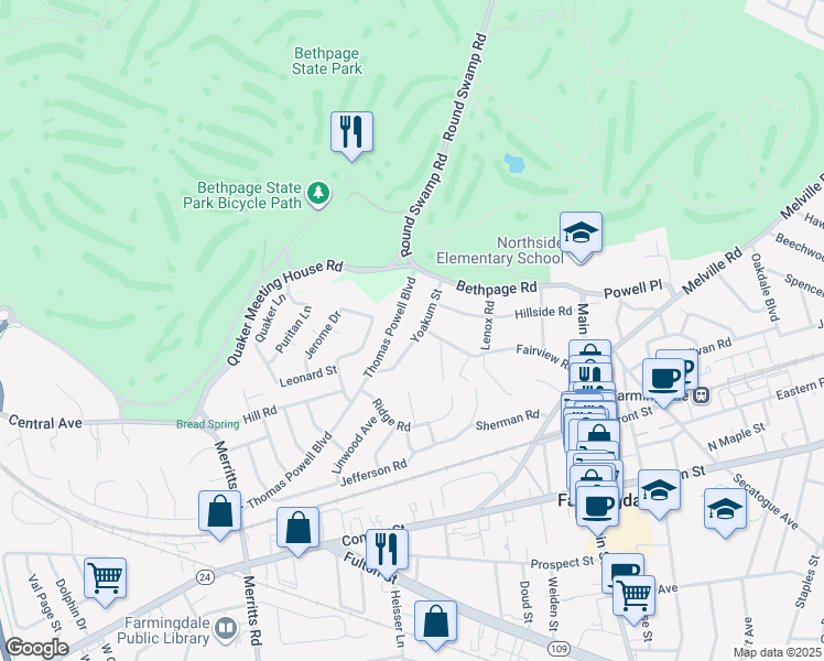 map of restaurants, bars, coffee shops, grocery stores, and more near 44 Yoakum Street in Farmingdale