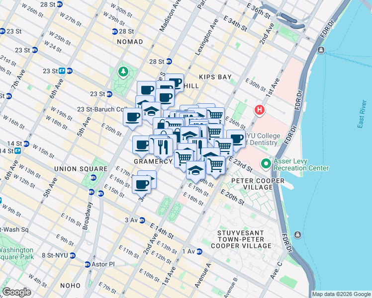 map of restaurants, bars, coffee shops, grocery stores, and more near 224 East 21st Street in New York