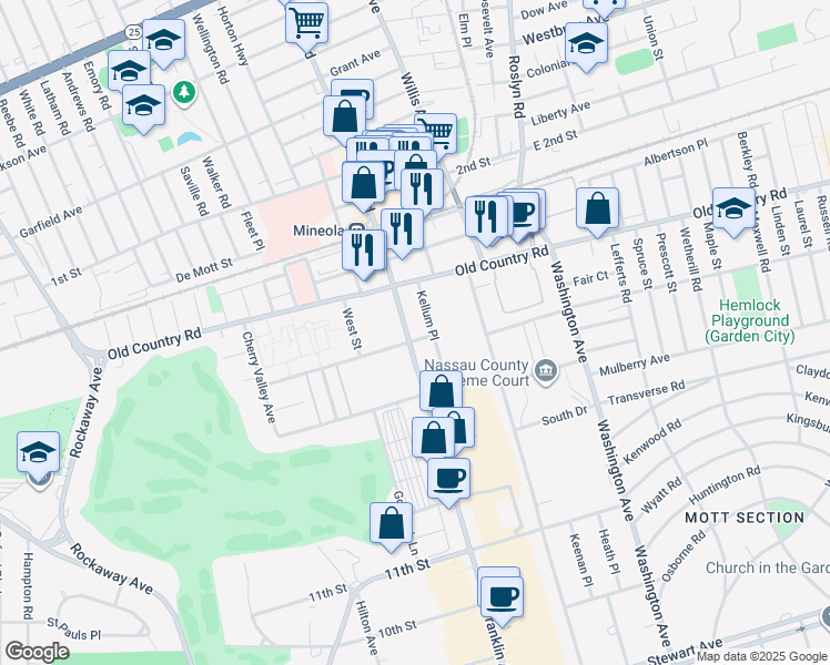 map of restaurants, bars, coffee shops, grocery stores, and more near 1501 Franklin Avenue in Mineola
