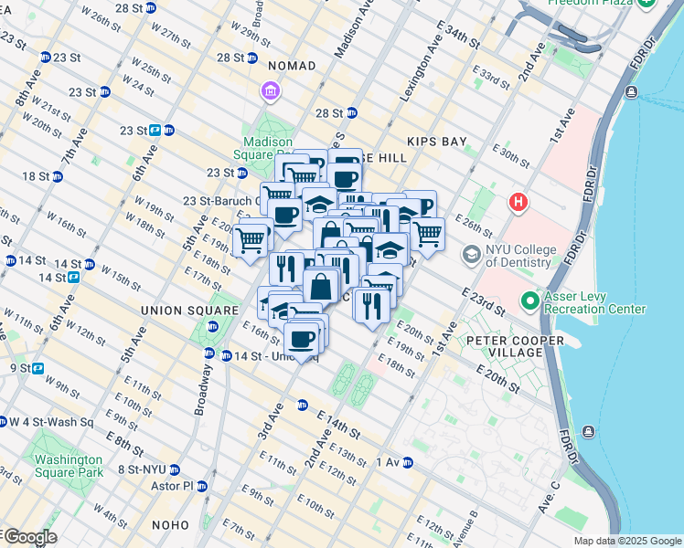 map of restaurants, bars, coffee shops, grocery stores, and more near 148 East 21st Street in New York