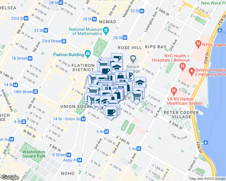 map of restaurants, bars, coffee shops, grocery stores, and more near East 20th Street & Irving Place in New York