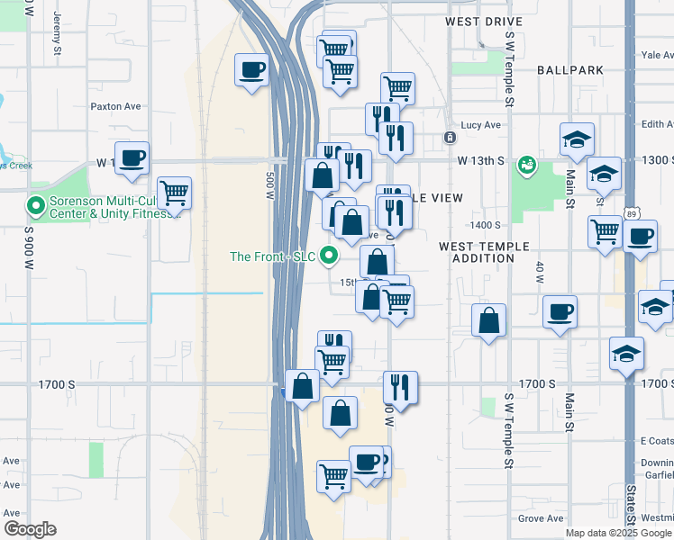 map of restaurants, bars, coffee shops, grocery stores, and more near 375 Whitney Avenue in Salt Lake City