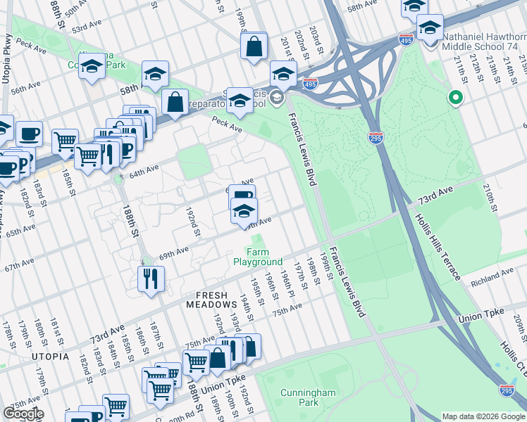 map of restaurants, bars, coffee shops, grocery stores, and more near 196-66 69th Avenue in Queens