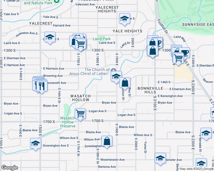 map of restaurants, bars, coffee shops, grocery stores, and more near 1471 South 1800 East in Salt Lake City