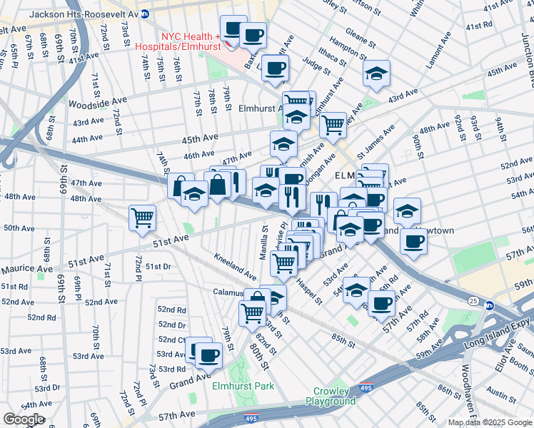 map of restaurants, bars, coffee shops, grocery stores, and more near 79-17 51st Avenue in Queens