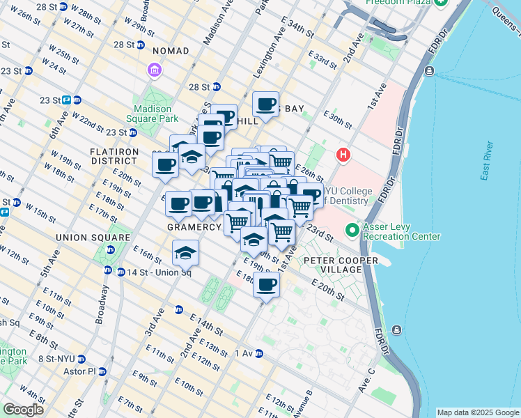 map of restaurants, bars, coffee shops, grocery stores, and more near 393 2nd Avenue in New York