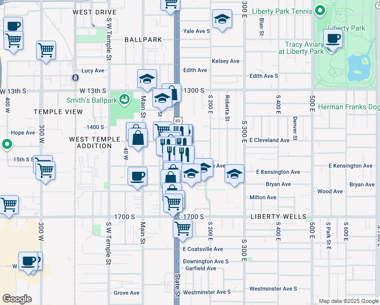 map of restaurants, bars, coffee shops, grocery stores, and more near 1470 Edison Street in Salt Lake City