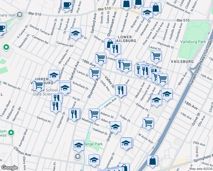 map of restaurants, bars, coffee shops, grocery stores, and more near 29-31 Underwood Street in Newark