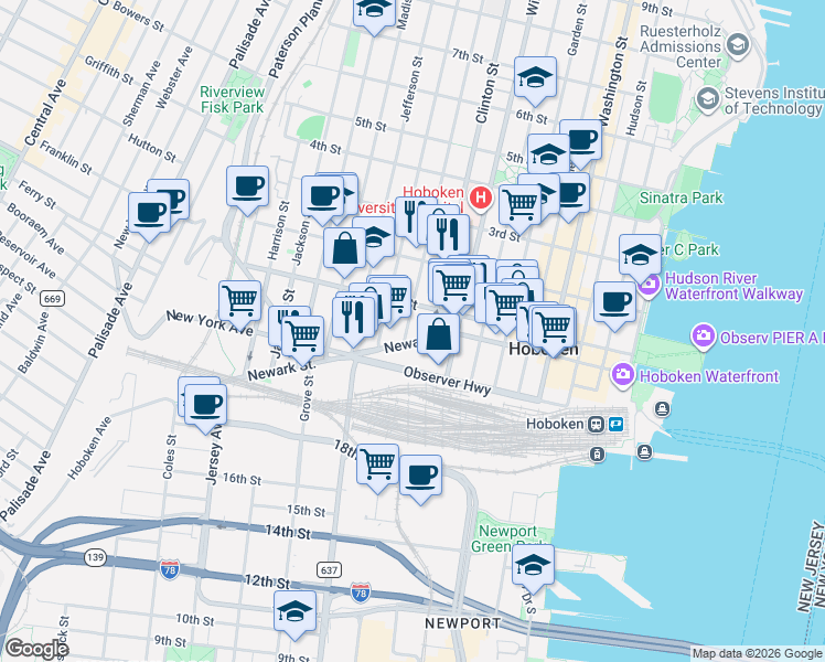 map of restaurants, bars, coffee shops, grocery stores, and more near 415 Newark Street in Hoboken