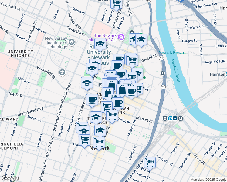 map of restaurants, bars, coffee shops, grocery stores, and more near 751 Broad Street in Newark