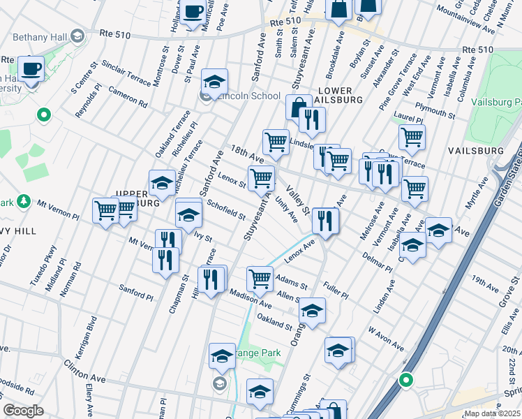map of restaurants, bars, coffee shops, grocery stores, and more near Stuyvesant Avenue & Underwood Street in Newark