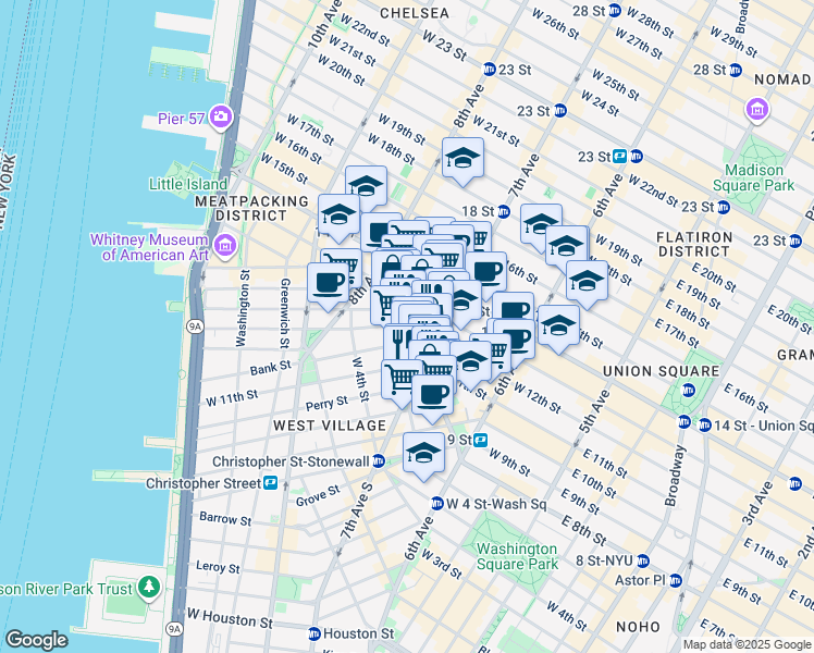 map of restaurants, bars, coffee shops, grocery stores, and more near 225 West 12th Street in New York
