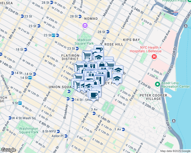 map of restaurants, bars, coffee shops, grocery stores, and more near 118 Irving Place in New York
