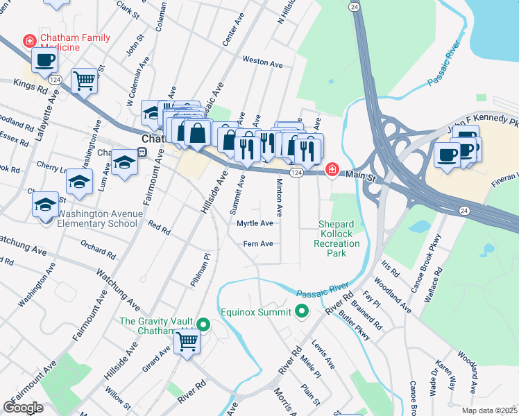 map of restaurants, bars, coffee shops, grocery stores, and more near 11 Colonial Way in Chatham