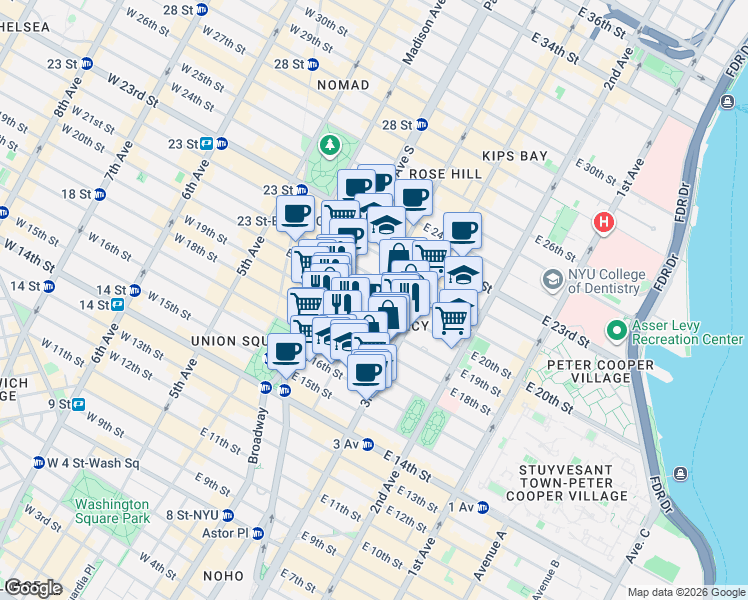 map of restaurants, bars, coffee shops, grocery stores, and more near Gramercy Park South in New York