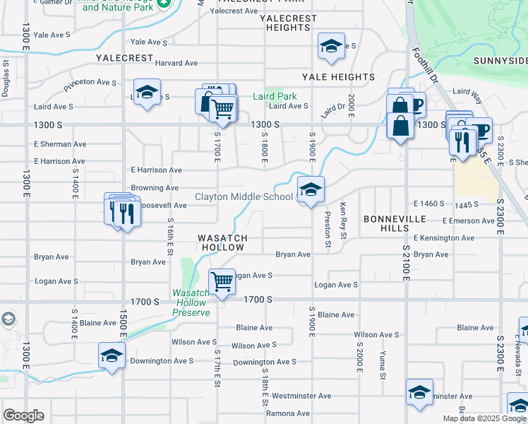 map of restaurants, bars, coffee shops, grocery stores, and more near 1471 South 1800 East in Salt Lake City