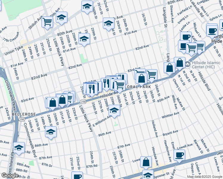 map of restaurants, bars, coffee shops, grocery stores, and more near 259-20 Hillside Avenue in Queens