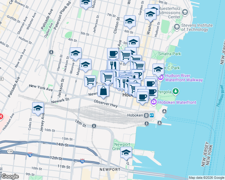 map of restaurants, bars, coffee shops, grocery stores, and more near 72 Park Avenue in Hoboken