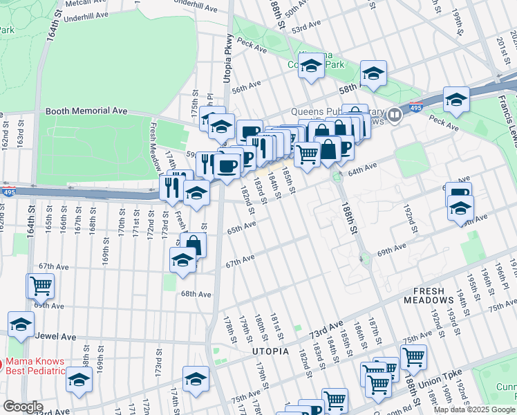 map of restaurants, bars, coffee shops, grocery stores, and more near 64-30 182nd Street in Queens