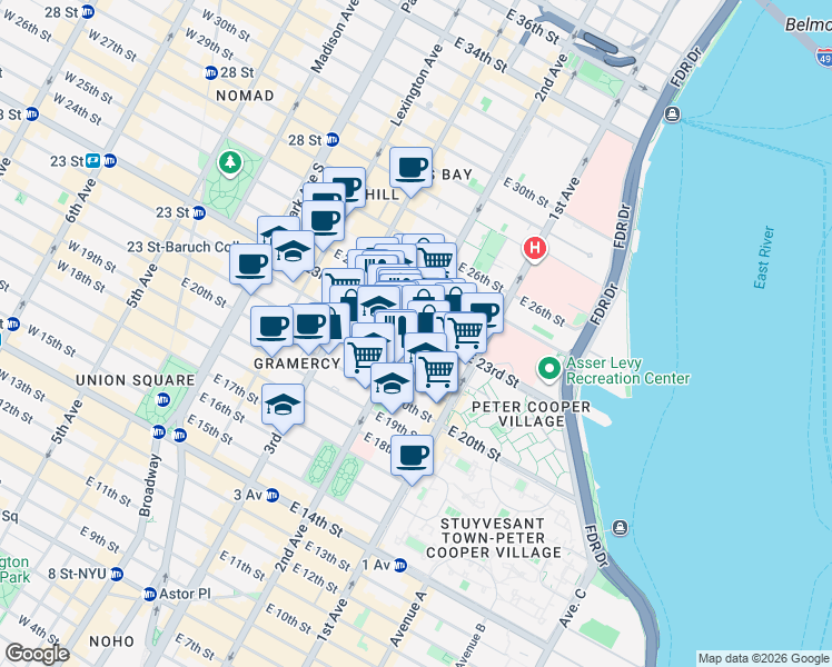map of restaurants, bars, coffee shops, grocery stores, and more near 380 2nd Avenue in New York