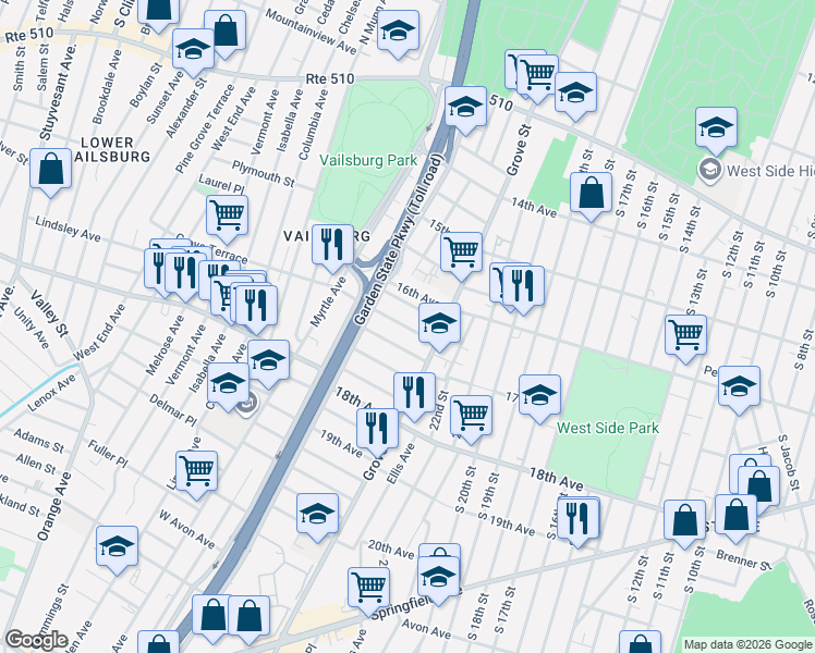 map of restaurants, bars, coffee shops, grocery stores, and more near 18 Montrose Terrace in Irvington