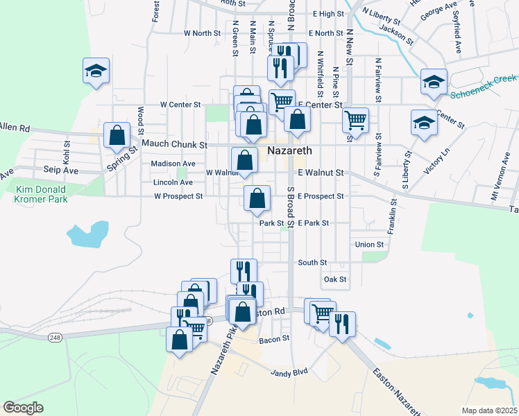 map of restaurants, bars, coffee shops, grocery stores, and more near 219 South Main Street in Nazareth