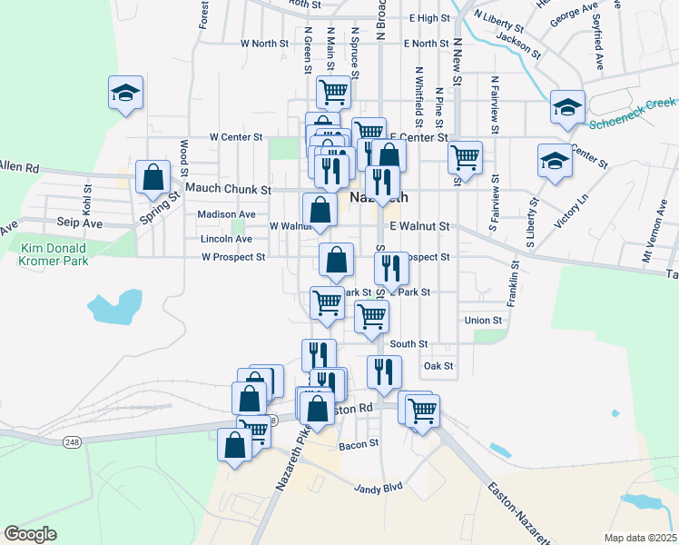 map of restaurants, bars, coffee shops, grocery stores, and more near 219 South Main Street in Nazareth